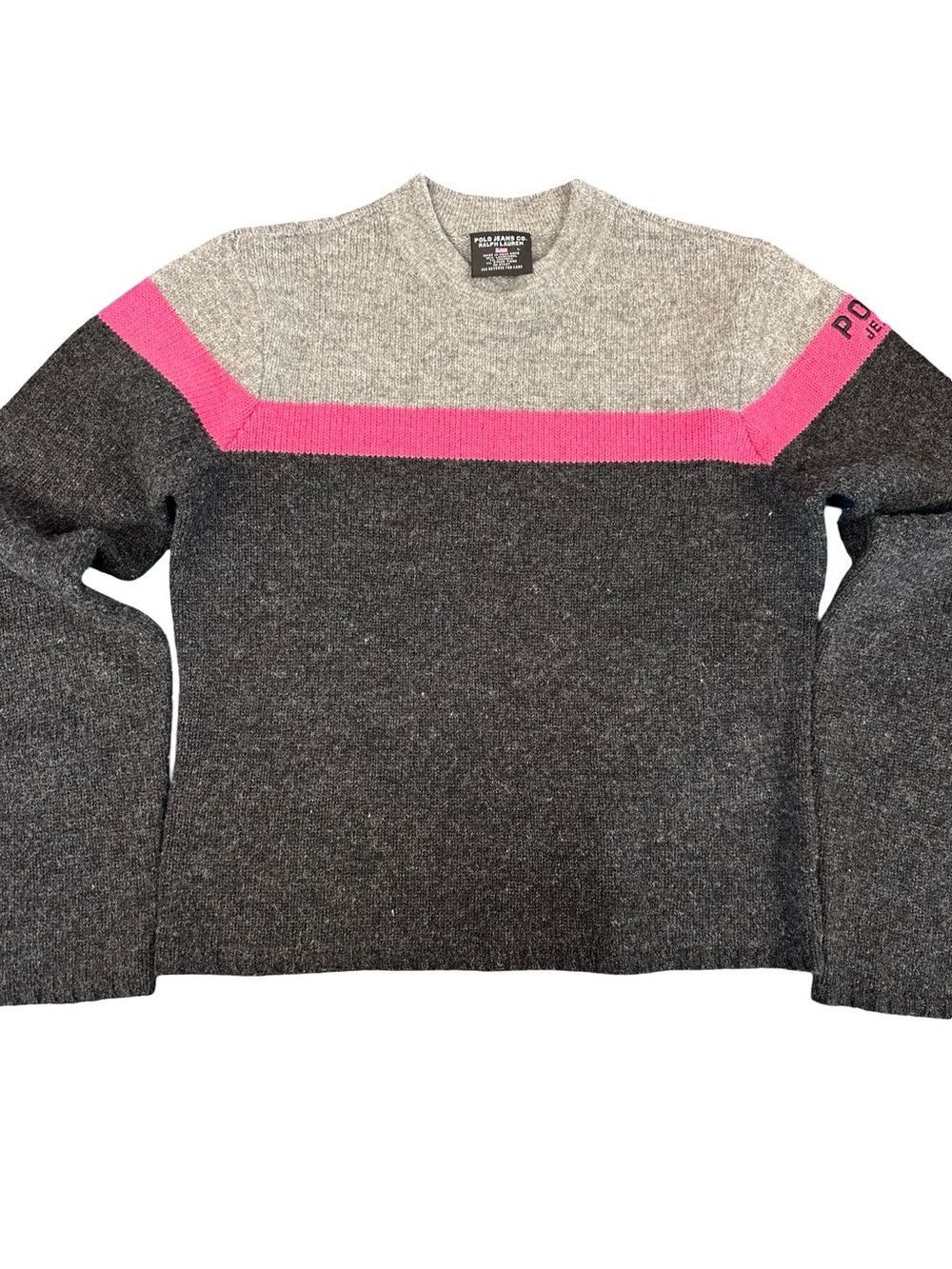 VTG Polo Jeans Co Ralph Lauren Gray Pink Colorblock Lambswool Sweater SZ Large